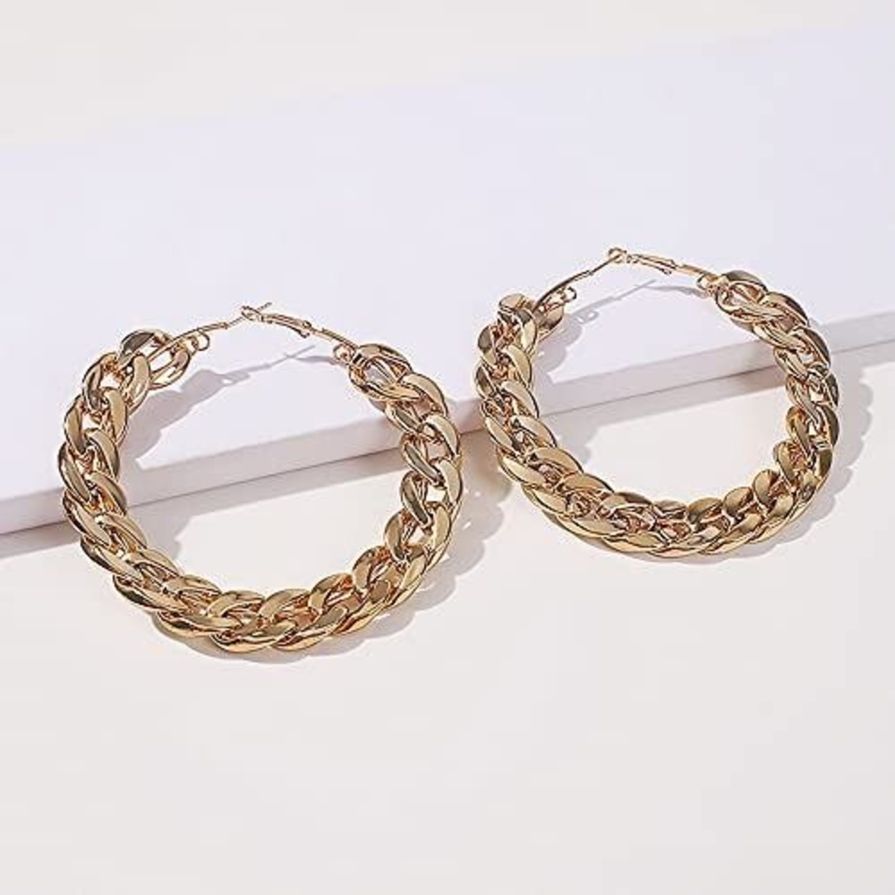 Gold Chunky Curb Chain Hoop Earrings Oversized Cuban‎ Link Statement Hoops